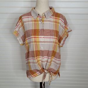 Plaid Button-Up Tie-Front Top